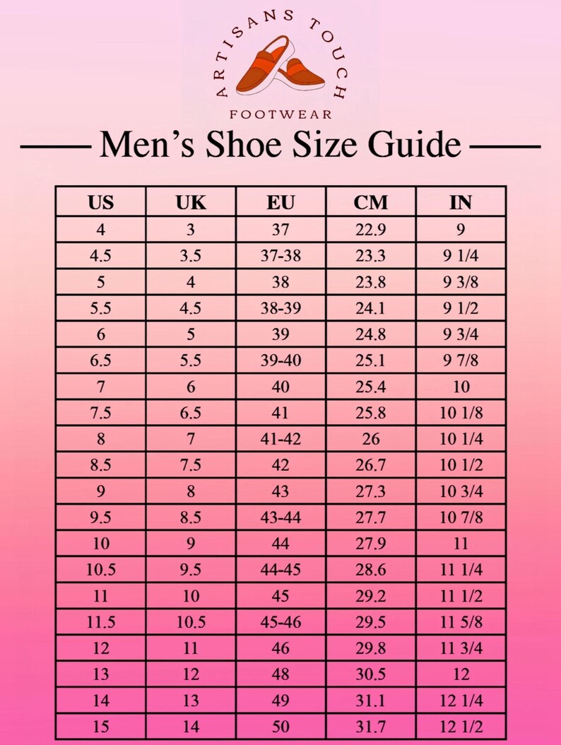 May include: Shoe size conversion chart for men's footwear, featuring US, UK, EU, CM, and IN measurements. The chart includes sizes from US 4 (22.9 cm, 9 in) to US 15 (31.7 cm, 12 1/2 in). The Artisan's Touch logo is at the top.
