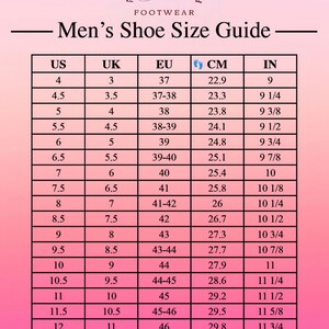 K&ouml;nnte beinhalten: Eine Tabelle mit den Schuhgr&ouml;&szlig;en f&uuml;r M&auml;nner in US, UK, EU, Zentimetern und Zoll. Die Tabelle befindet sich auf einem rosa Hintergrund mit einem Logo oben, das "Artisans Touch Footwear" lautet.