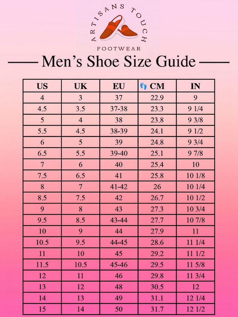 K&ouml;nnte beinhalten: Eine Tabelle mit den Schuhgr&ouml;&szlig;en f&uuml;r M&auml;nner in US, UK, EU, Zentimetern und Zoll. Die Tabelle befindet sich auf einem rosa Hintergrund mit einem Logo oben, das "Artisans Touch Footwear" lautet.