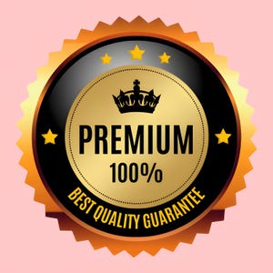 Op de afbeelding: Een gouden en zwarte badge met een kroon en de tekst "PREMIUM 100% BEST QUALITY GUARANTEE"