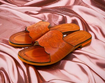 Genuine Leather Mule Slippers Women, Handmade Slipper, Brids Outfit, Open Toe flats, Birthday Gifts, Vintage Turkish Flats, Orange Flats,