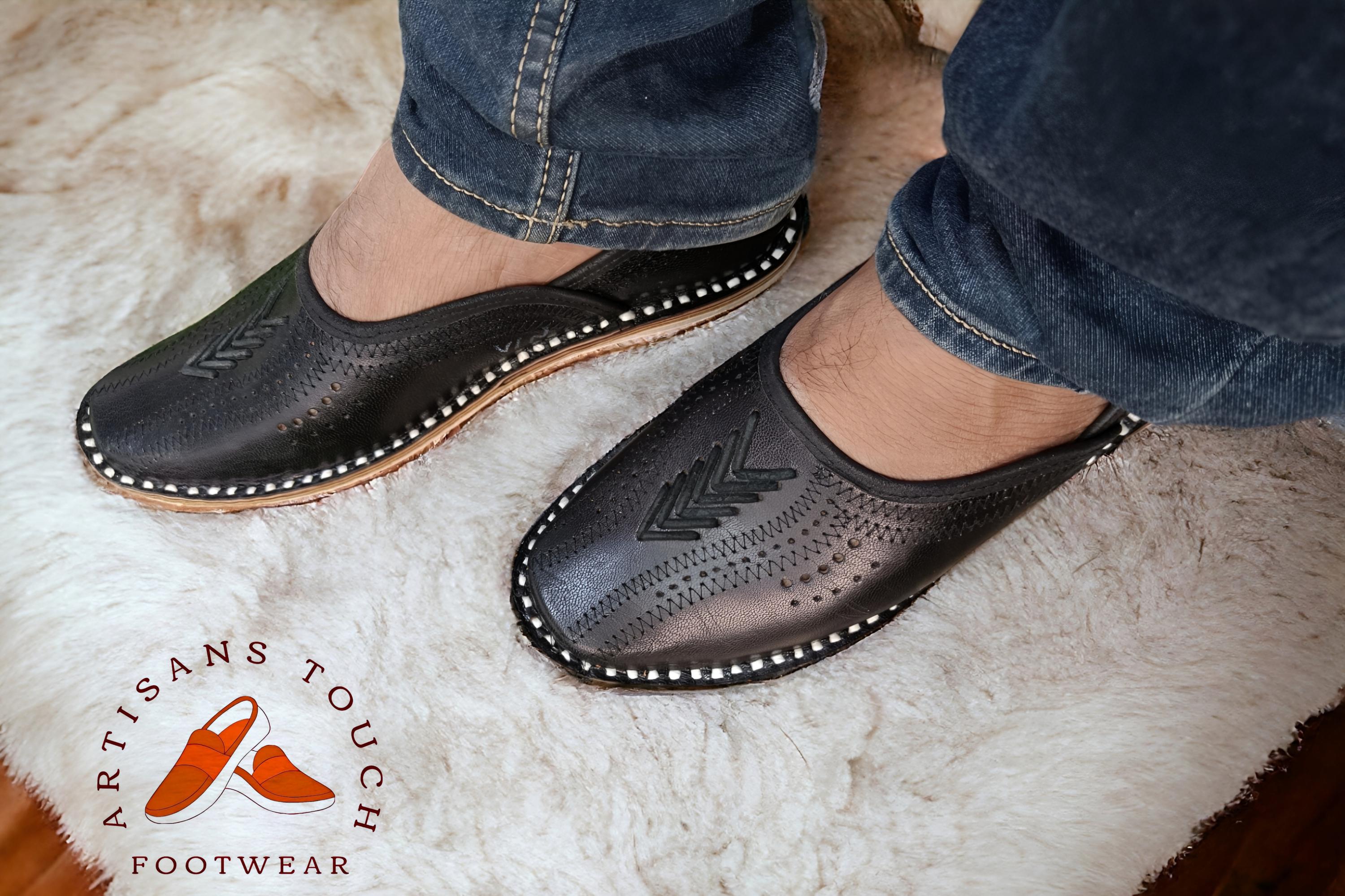 Handmade Black Leather Mojari Shoes: Mens Ethnic Loafers - Etsy