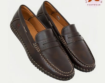 Mens Handmade Leather Designer Brown Loafers, Casual Shoes, Dress Loafers, Stylish and Soft Comfortable Classic Loafers, Round Toe Slip On ,