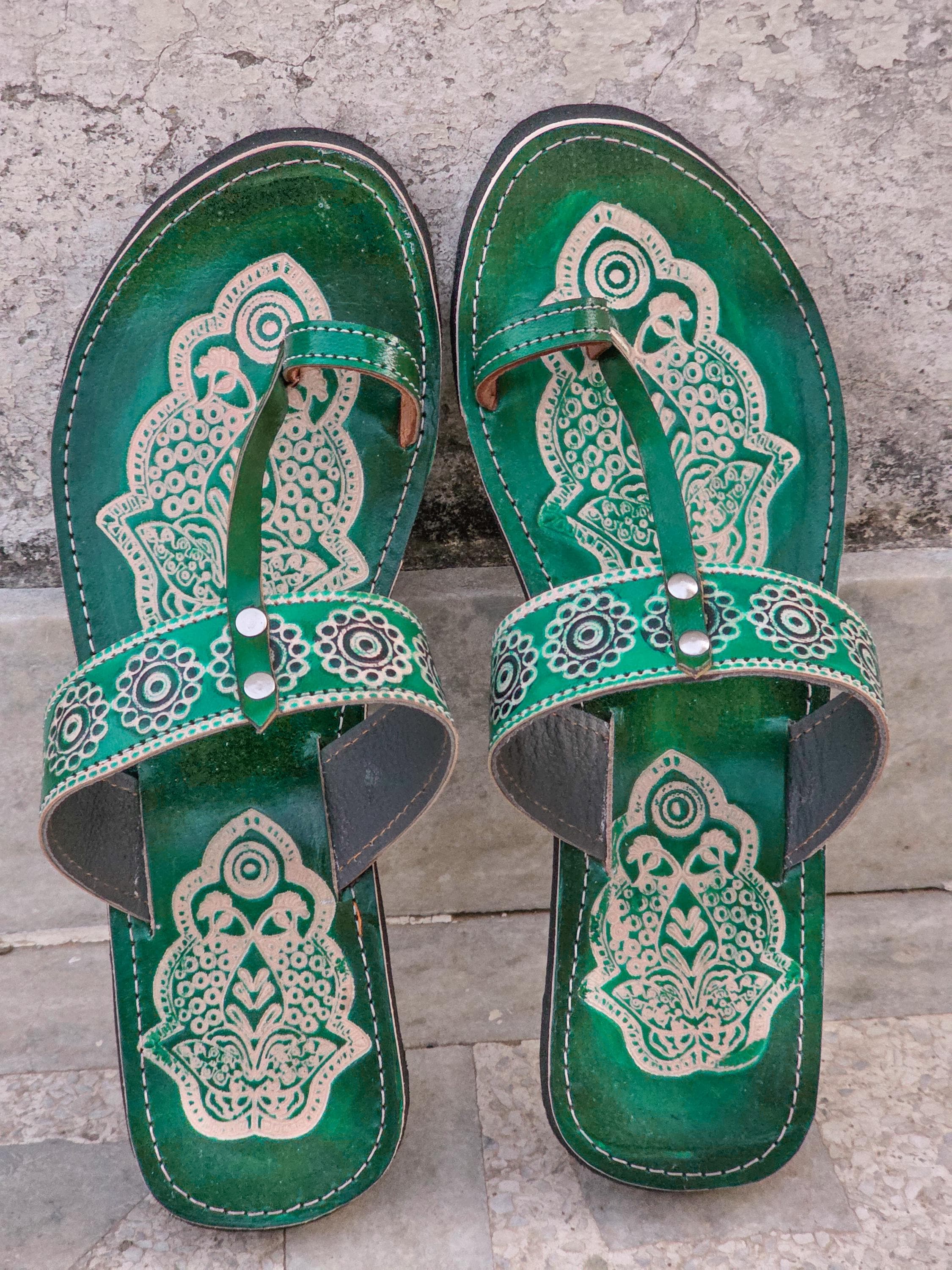 Sandali Donna Pelle Verde Fatti A Mano – Infradito Kolhapuri Indiane Comfort - 5