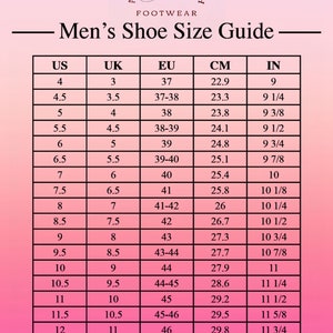 May include: A men's shoe size conversion chart, showing US, UK, EU, CM, and IN sizes. Sizes range from UK 3 (37 EU, 22.9 cm, 9 in) to UK 14 (50 EU, 31.7 cm, 12 1/2 in). The Artisan's Touch Footwear logo is at the top.