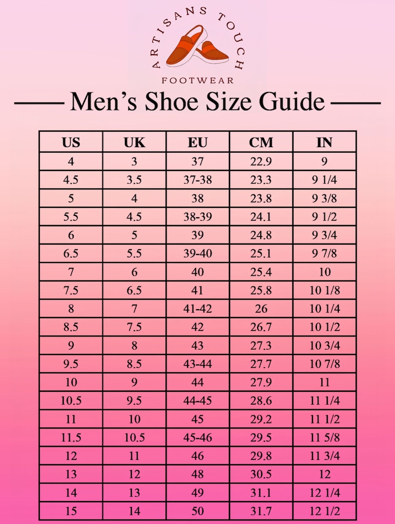 May include: A men's shoe size conversion chart, showing US, UK, EU, CM, and IN sizes. Sizes range from UK 3 (37 EU, 22.9 cm, 9 in) to UK 14 (50 EU, 31.7 cm, 12 1/2 in). The Artisan's Touch Footwear logo is at the top.