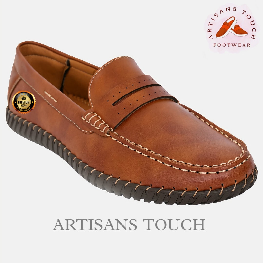 Handmade men’s 48 (14) leather casual flat tan moccasin loafers Handmade Tan Leather Fringe Buckle Shoes Moccasins, Mens  main image 2