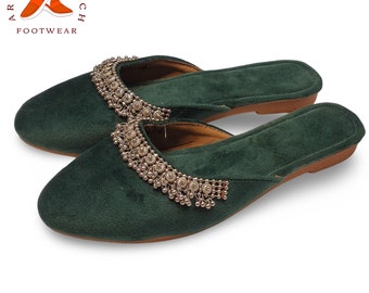 Green Velvet Mule Slippers: Handcrafted Indian Bridal Clogs