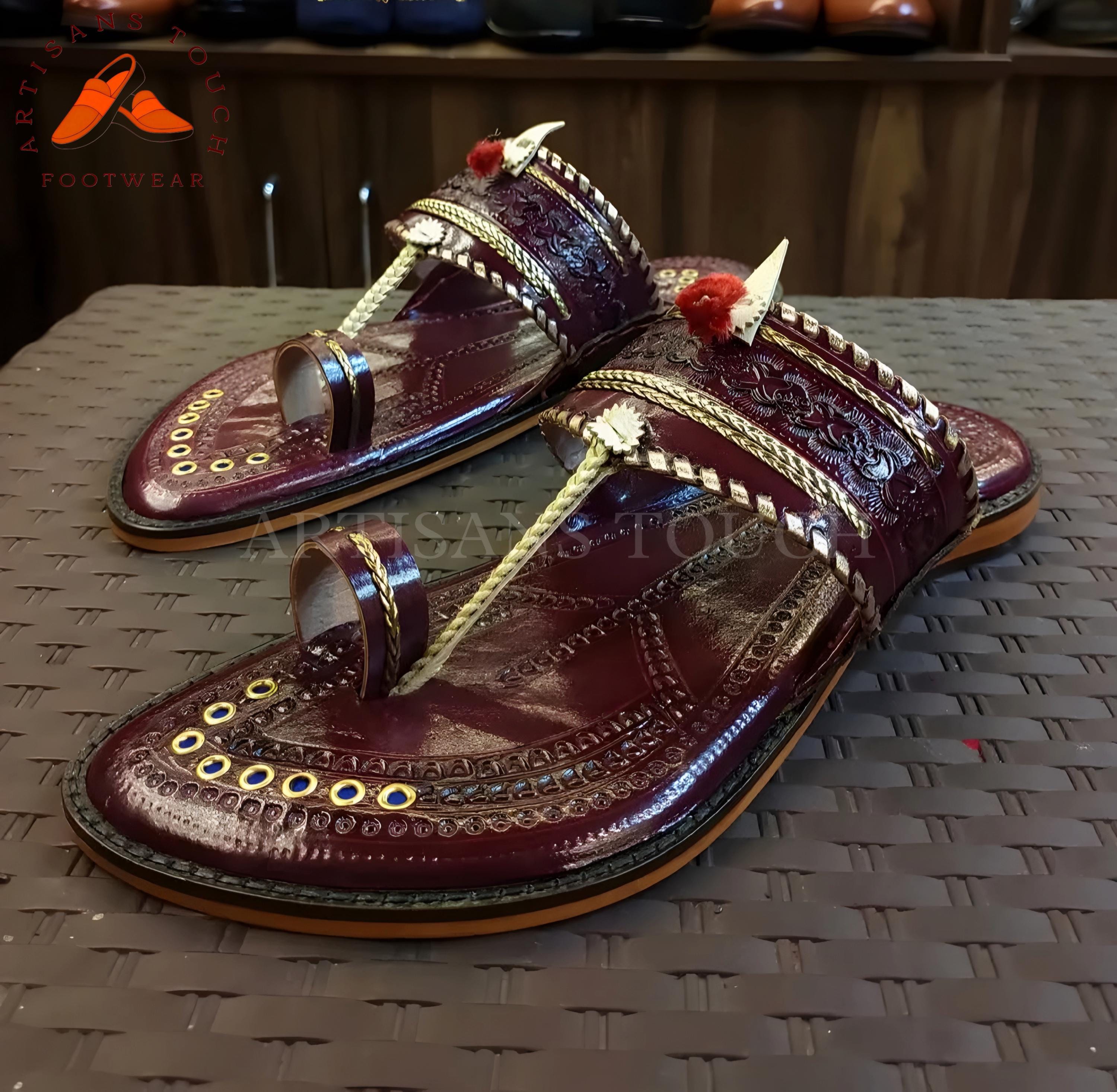 Handmade Cherry Brown Kolhapuri Leather Sandals for Men, Traditional Indian Flat Slip-On, Premium Ethnic Footwear for Casual & Festive Wear,