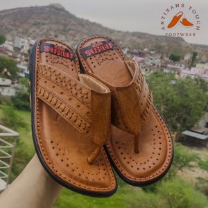 Handmade Tan Leather Sandals for Men: Ethnic V-Shaped Design