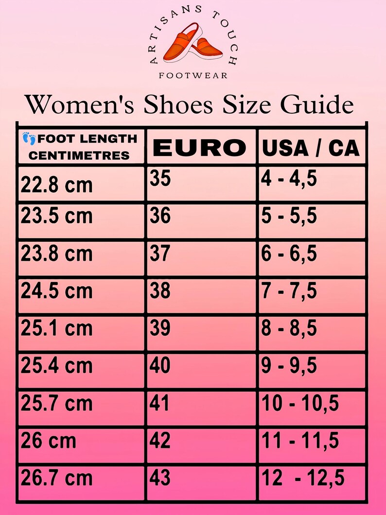 May include: A chart showing women's shoe sizes in US, European, and centimeter measurements. The chart has a pink background and black text.