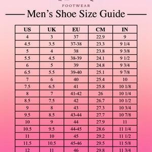 May include: A shoe size conversion chart for men's footwear, with sizes in US, UK, EU, centimeters (CM), and inches (IN). The chart includes sizes from US 4 (22.9 cm, 9 in) to US 15 (31.7 cm, 12 1/2 in). The Artisans Touch logo is at the top.