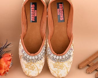 White Beaded Bridal Jutti: Embroidered Wedding Ballerina Flats