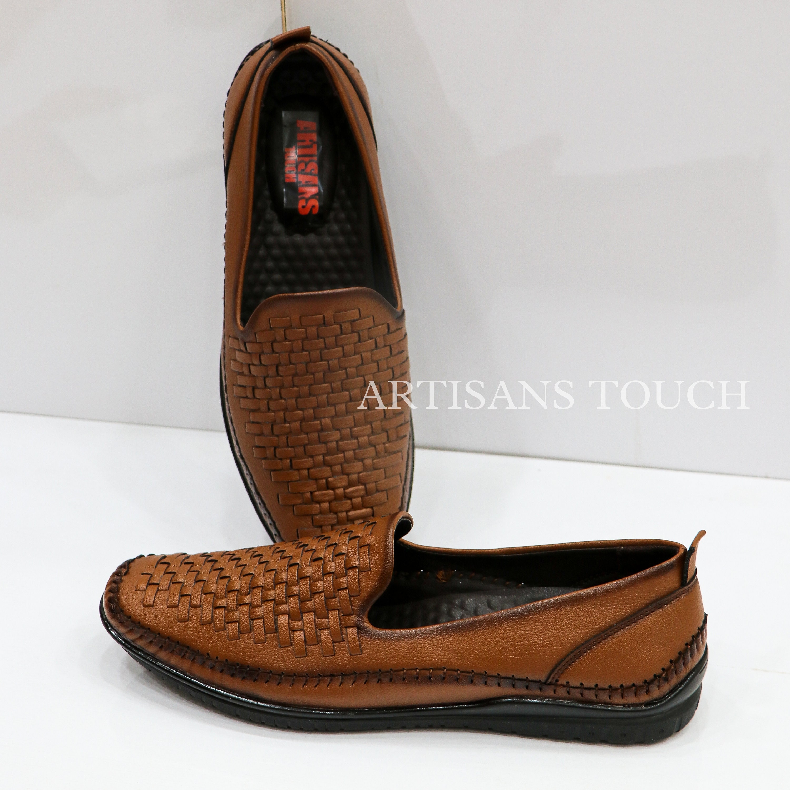 Jt Beckett Brown Leather Basket Weave Loafers Made In Italy Men\'s Size 8 1/2 Handmade Basket Weave Leather Loafers: Mens Wedding Shoes - Etsy main image 3