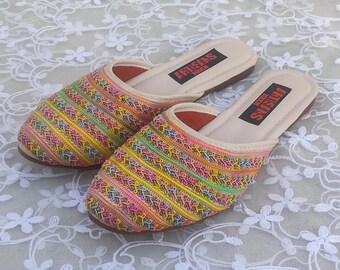 Embroidered Mule Slippers: Handmade Ethnic Flats, Brides Outfit Shoes