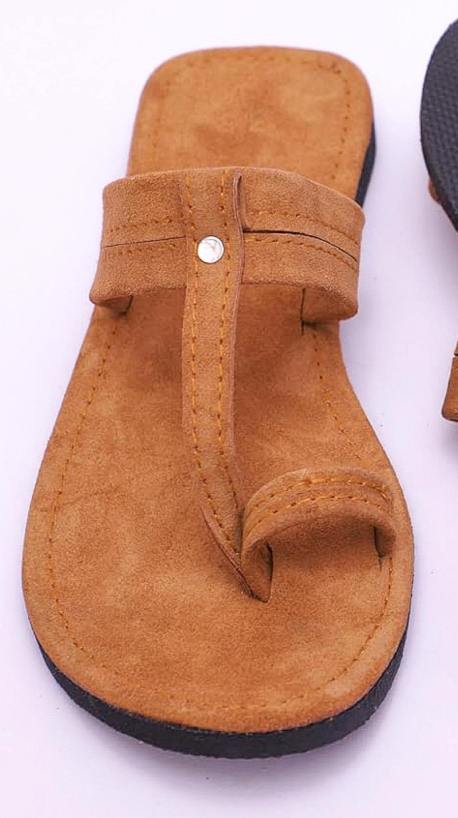 Handmade Suede Kolhapuri Sandals: Tan Leather Toe Ring Flats 