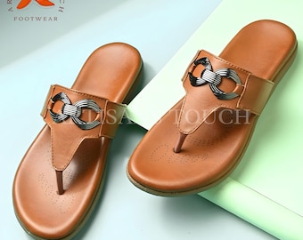 Handmade Women’s Tan Kolhapuri Sandals – Vegan Leather Orthopedic Comfort Flats, Summer Sandals, Open Toe Flip-Flops, Women Ethnic Sandal,