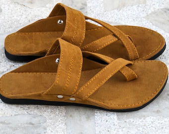 Tan & Brown Relaxable Sandalen voor Heren, Comfortabele herenslippers, Etnische Thong Sandalen, Handgemaakte sandalen, Spartaanse sandalen, Cadeaus voor heren,