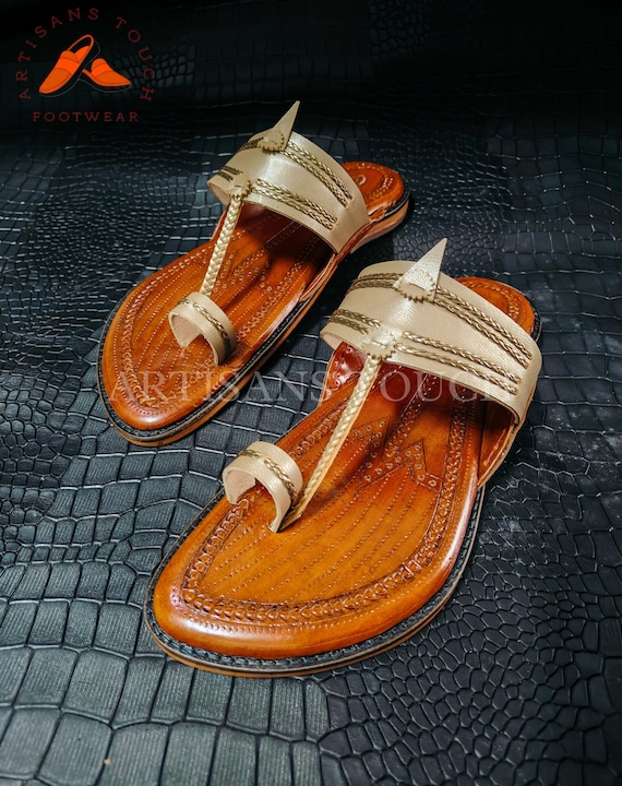 Handmade Kolhapuri Leather Sandals for Men, Traditional Indian Flat Slip-On Shoes, Premium Ethnic Sustainable Handcrafted Footwear for Mens,