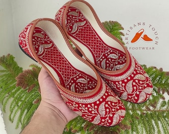 Handmade Red Velvet Khussa Jutti: Embroidered Indian Wedding Shoes