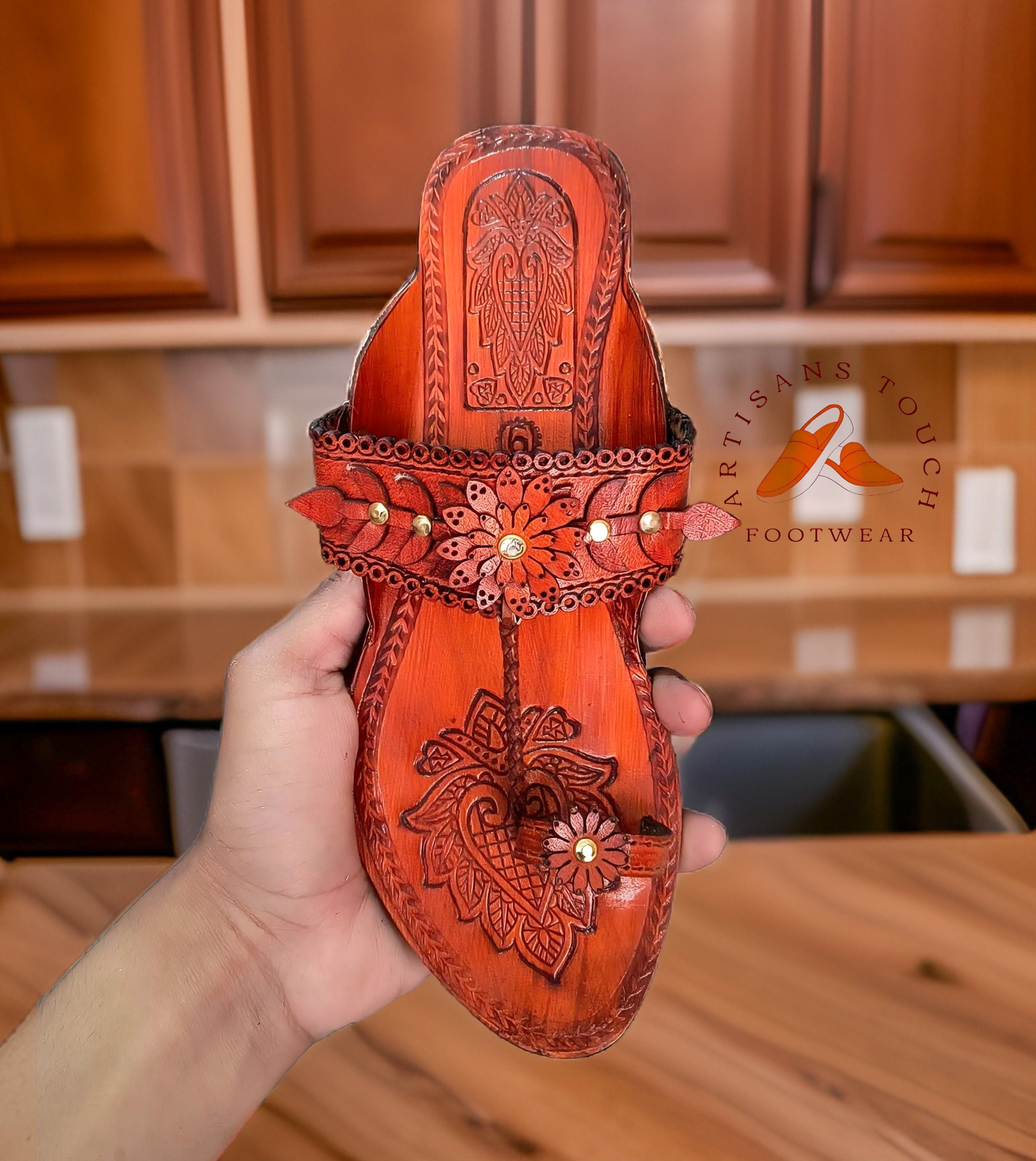 NATURAL HANDMADE INDIAN
SANDAL KOLHAPURI Style toe-Ring Tan Leather Sandals NEW Handmade Suede Kolhapuri Sandals: Tan Leather Toe Ring Flats  main image 4