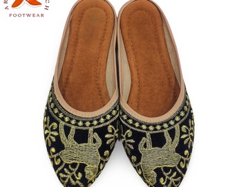 Golden Embroidered work Camel, Black Mule shoes For Women, Beautiful Handcrafted Indian Bridal Clogs Flats, Tassel Pointed Backless Slip On,