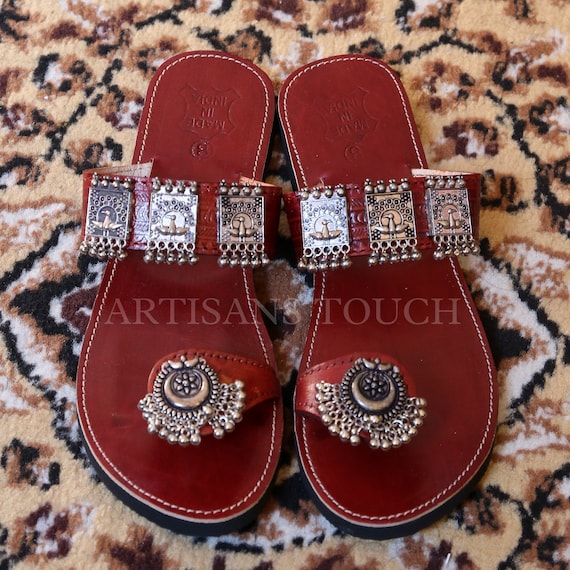 Red Leather Sandals: Handcrafted Ethnic Slippers With Silver 