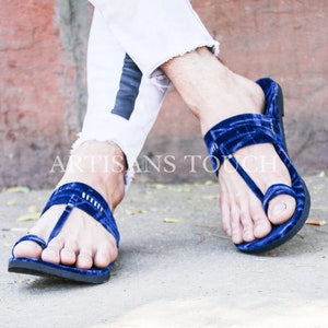 Mens Handmade Blue Velvet Kolhapuri Sandals: Ethnic Slip-Ons