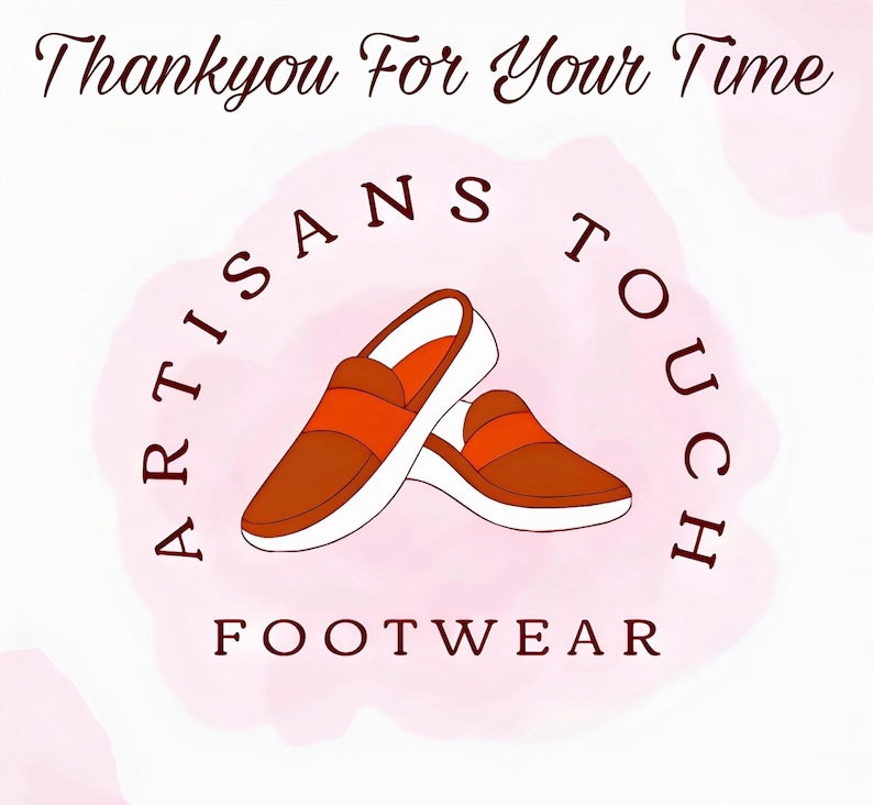 May include: A logo for a footwear company called "Artisans Touch Footwear". The logo features a pair of brown leather shoes with orange accents, set against a pink watercolor background.