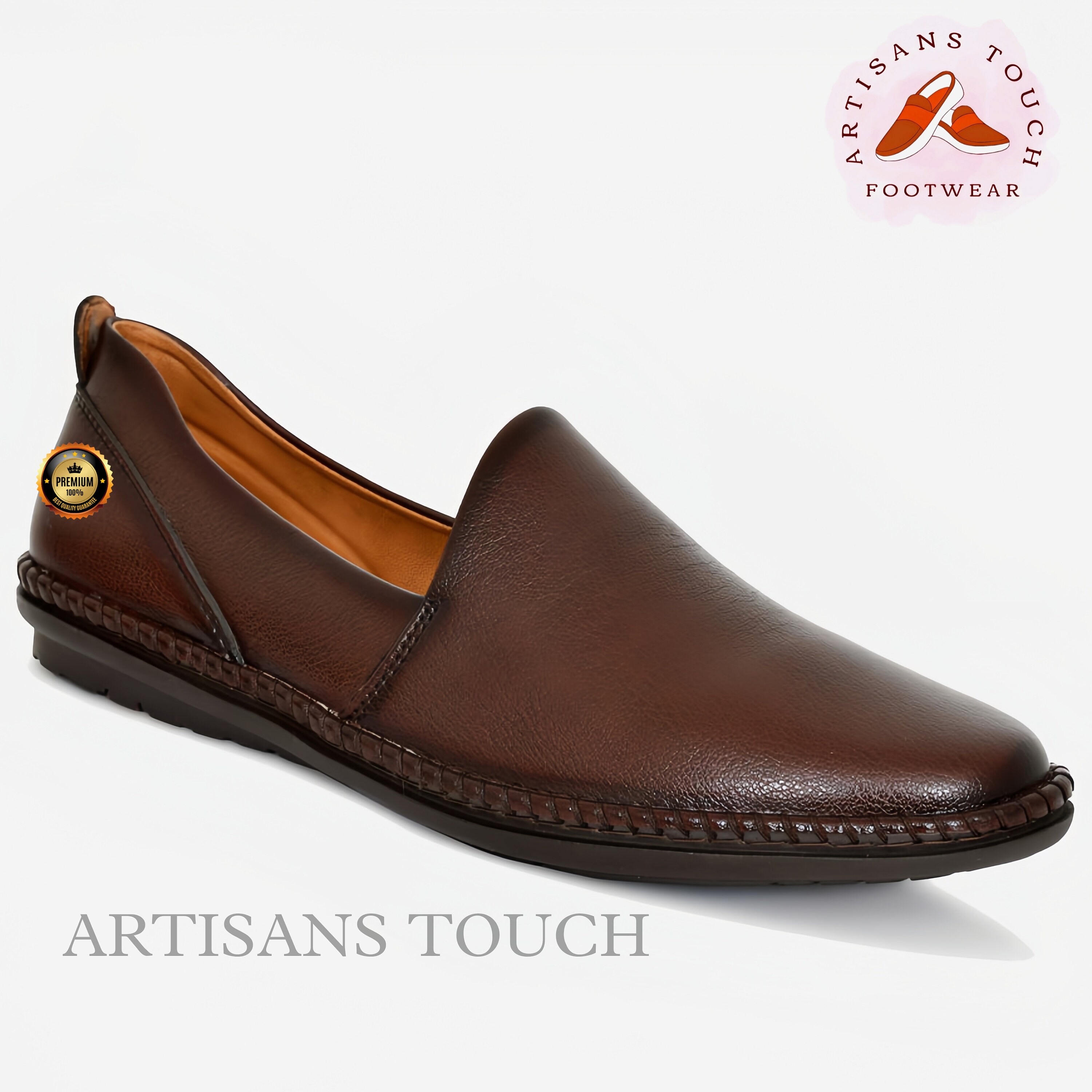 Handcrafted Mens Brown Leather Slip-on Loafers: Ethnic 