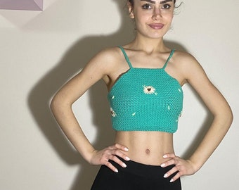 Women's Crochet Knitted Crop Top, Sea Green Handmade Crop Top, Crop Top, Crochet Top, Summer Crop Top