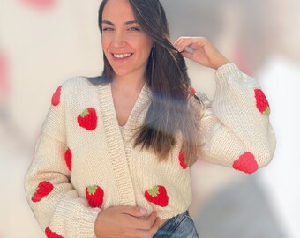 Strawberry Red & White Sweater for Women | Warm Soft Strawberry Cardigan | Strawberry Design Chunky Cardigan Women | Oversized Sweater Women