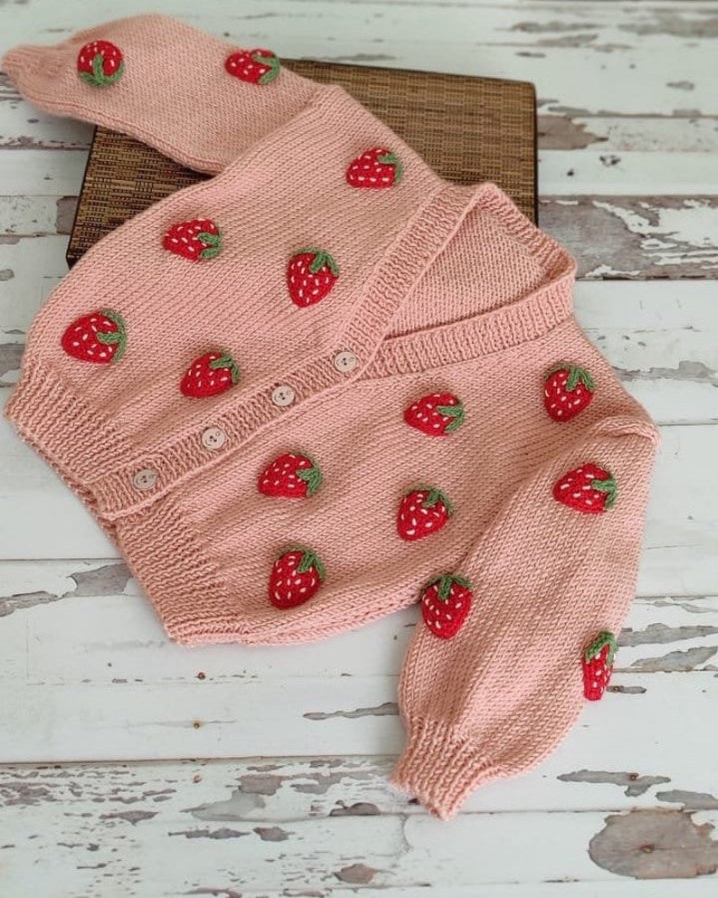 Strawberry Cardigan, Strawberry Cardigan Crochet Pattern, Handmade Cardigan, Cardigan for Kids, Knit Cardigan image 3