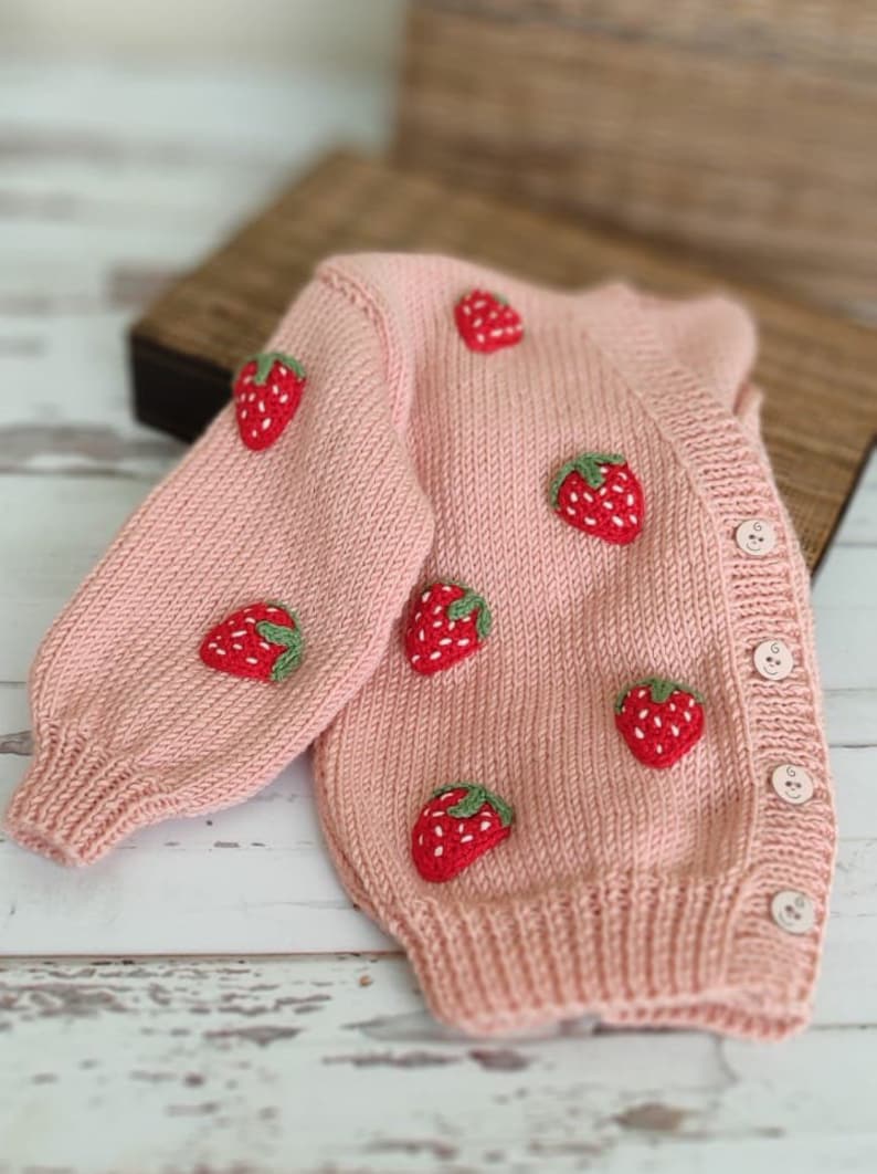 Strawberry Cardigan, Strawberry Cardigan Crochet Pattern, Handmade Cardigan, Cardigan for Kids, Knit Cardigan image 5