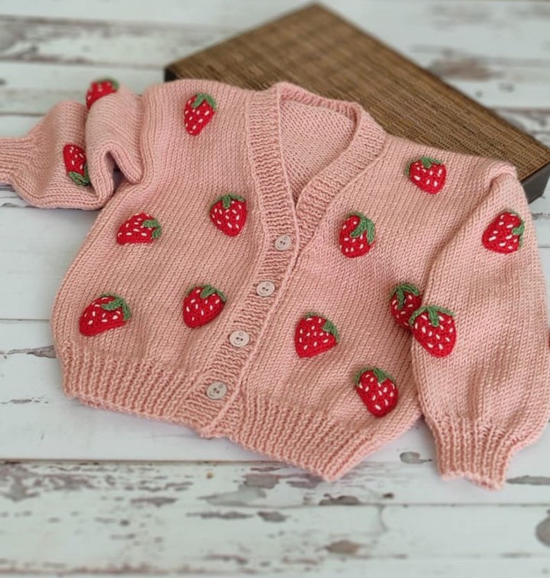 Strawberry Cardigan, Strawberry Cardigan Crochet Pattern, Handmade Cardigan, Cardigan for Kids, Knit Cardigan image 2