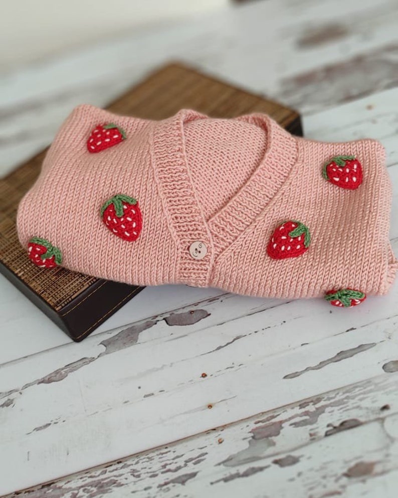 Strawberry Cardigan, Strawberry Cardigan Crochet Pattern, Handmade Cardigan, Cardigan for Kids, Knit Cardigan image 6