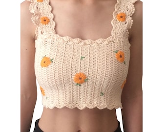 Women's Flower Embroidered Crochet Knitted Crop Top, Flower Crop Top, Crochet Top, Summer Crop Top