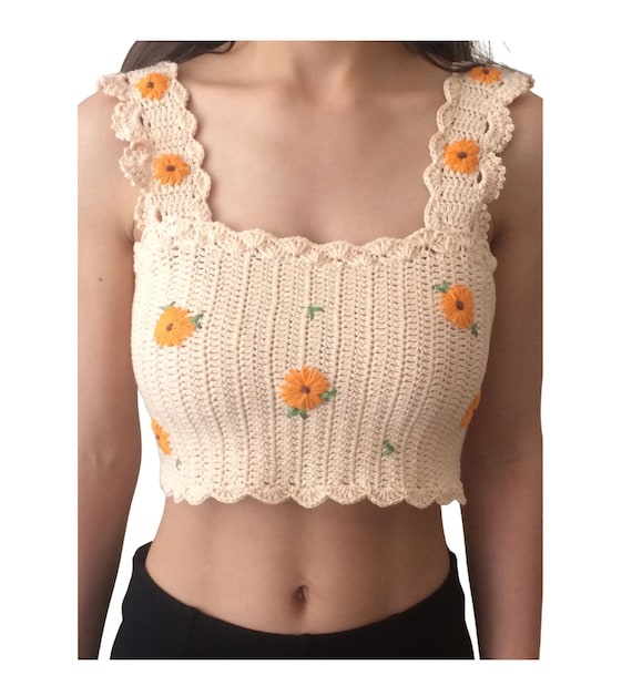 Women's Flower Embroidered Crochet Knitted Crop Top, Flower Crop Top, Crochet  Top, Summer Crop Top -  Canada