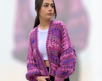 Shades of Purple Cardigan, Mohair Loose Fit Cardigan, Oversized Handcrafted Wool Cardigan