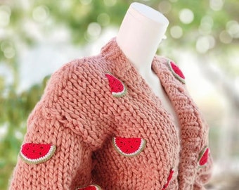 Watermelon Sugar Chunky Cardigan, Oversized Cardigan Gift for Her, Handmade Wool Cardigan with Applique