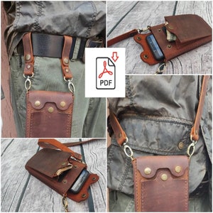 May include: A brown leather phone holster with a strap that can be worn around the waist or over the shoulder. The holster has a flap with a snap closure and a pocket for cash or cards. The holster is shown being worn by a person with a belt.