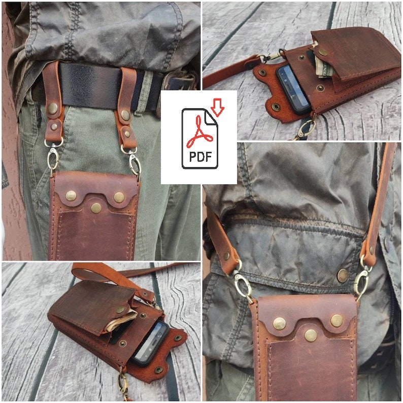 May include: A brown leather phone holster with a strap that can be worn around the waist or over the shoulder. The holster has a flap with a snap closure and a pocket for cash or cards. The holster is shown being worn by a person with a belt.