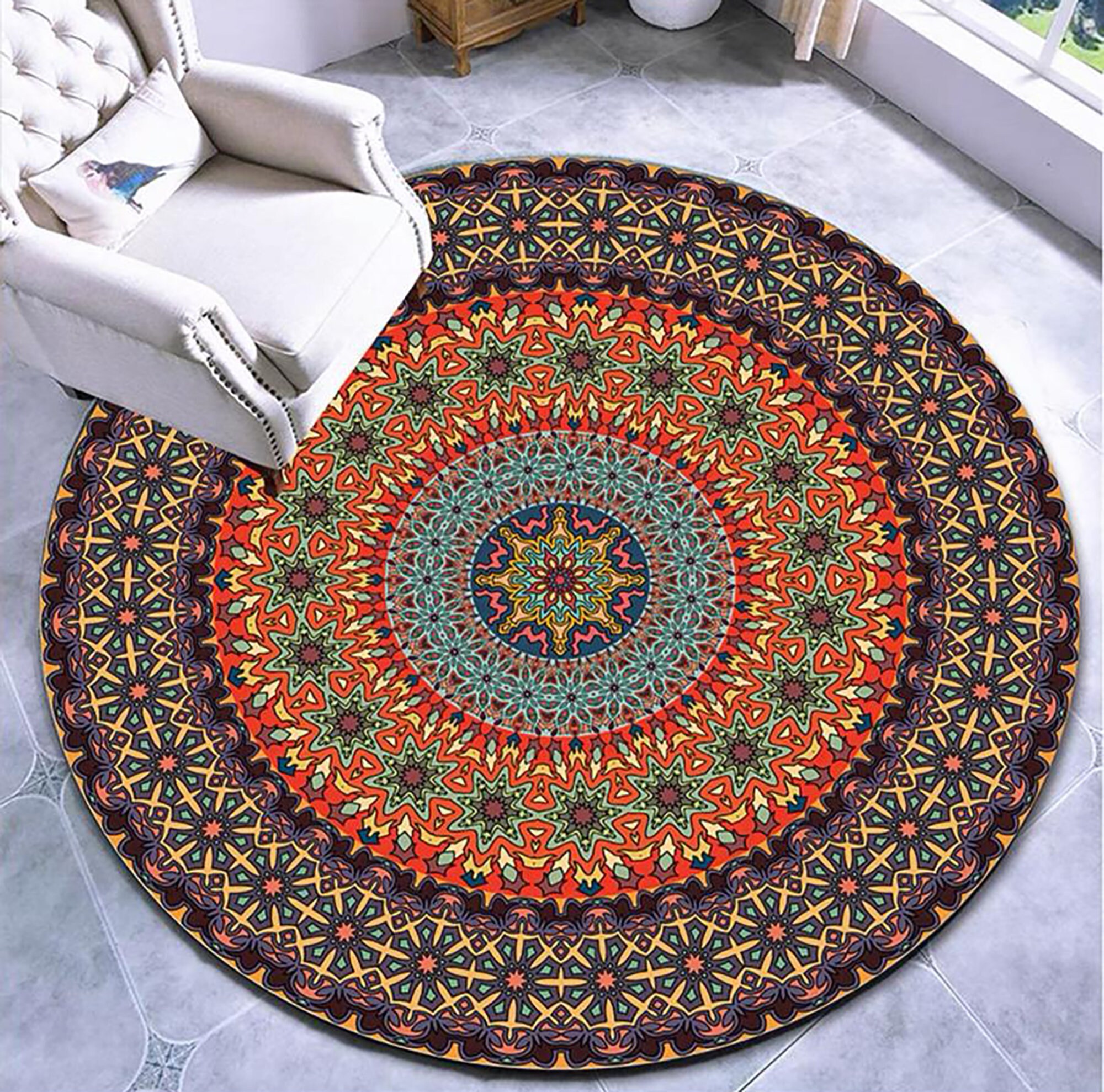 Bohemian Carpet Boho Circle mat Vintage Style Rug Living Etsy
