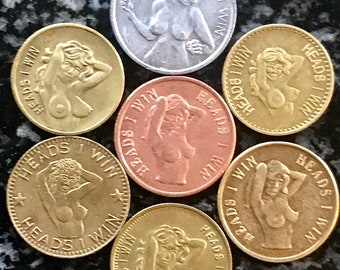 Lot Of 7 Vintage Nude Lady - ‘Heads I Win, Tails You Lose’ Tokens Novelty Flip Coin