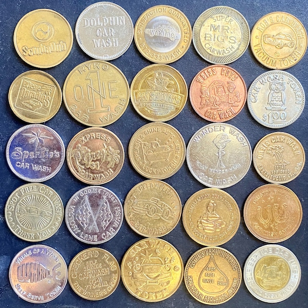 A Nice Collection of 25 Different Vintage Car Wash Tokens • Exonumia Car Wash Coins from Locations Everywhere North America -1950’s-Now #254