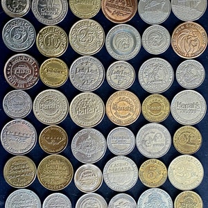 A Collection of 42 Pairs of Vintage 5 & 25 Cent Casino/Slot Machine Coins and Tokens Including ParaDice, Presidents Casino, Harrah’s