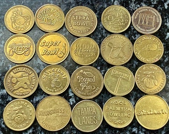 Collection of 20 Vintage Bowling Alley Arcade Game Amusement Tokens -Includes Showplace Lanes, Super Bowl, Royal Pin, Sawgrass & River Lanes