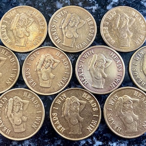 Lot Of 10 Vintage ‘Heads I Win,Tails You Lose’ Tokens • Novelty Adult Coins •Jane • Brass  & Copper Variations