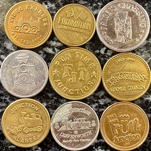 Collection of 9 Locomotive Train Theme Arcade Tokens of the 80’s-90’s - Locomotion, Paige’s Crossing, The Fun Junction, Video Express