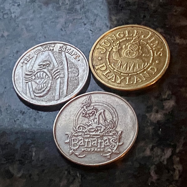 A Great Set of 3 Rare Monkey Theme Arcade Tokens from 80’s & 90’s including Go Bananas, The Great Escape and Jungle Jim’s Playland Coins